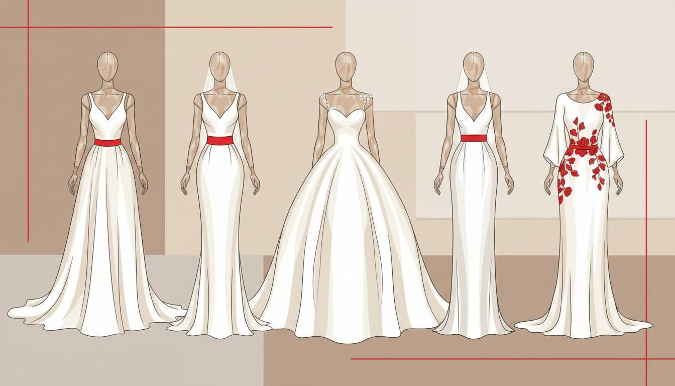 Illustrazione moderna con diverse sagome di abiti da sposa su manichini, linee pulite, forme geometriche, colori neutri con accento rosso acceso su alcuni dettagli, stile editoriale di moda, nessuna scritta, nessun testo.