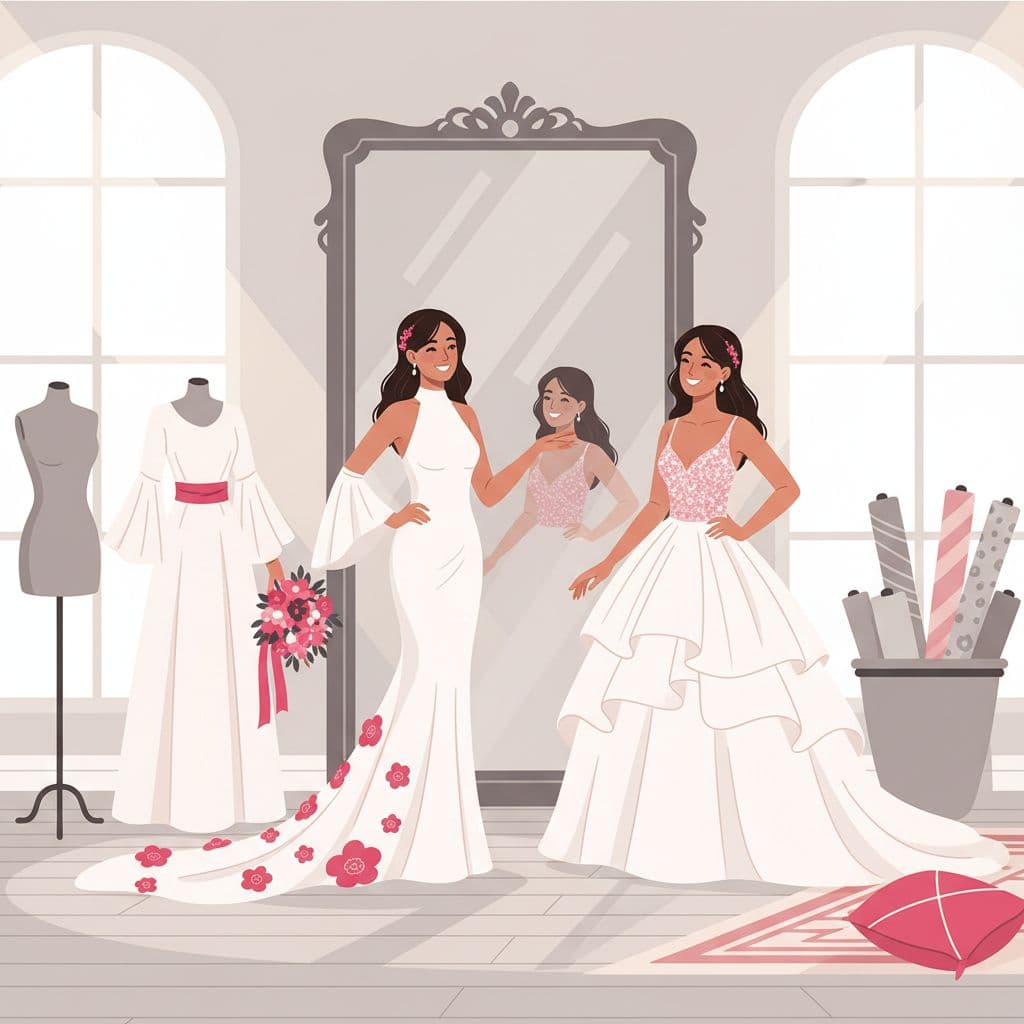 A joyful bride evaluates various wedding gown styles in front of a mirror in a bright studio.