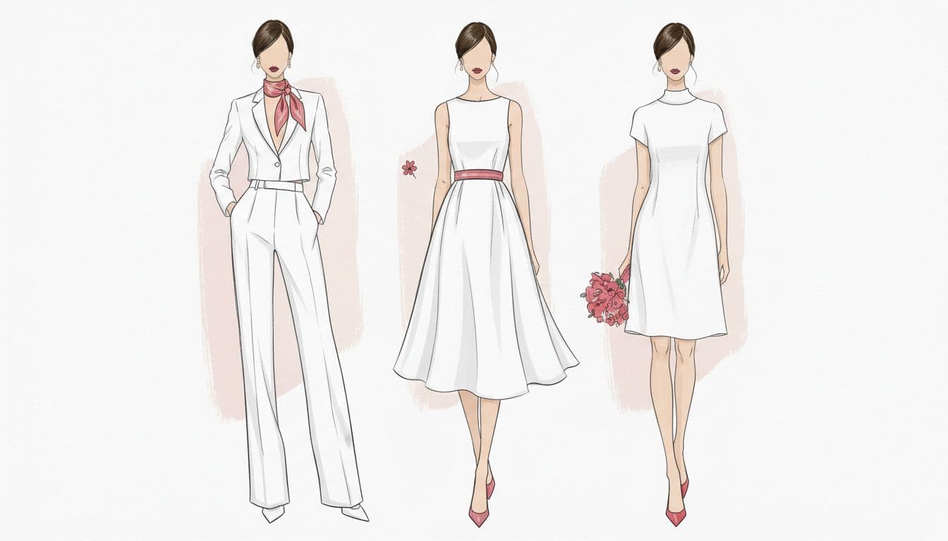 Fashion sketches display three sophisticated wedding outfits including a sleek pantsuit and two minimalist dresses.