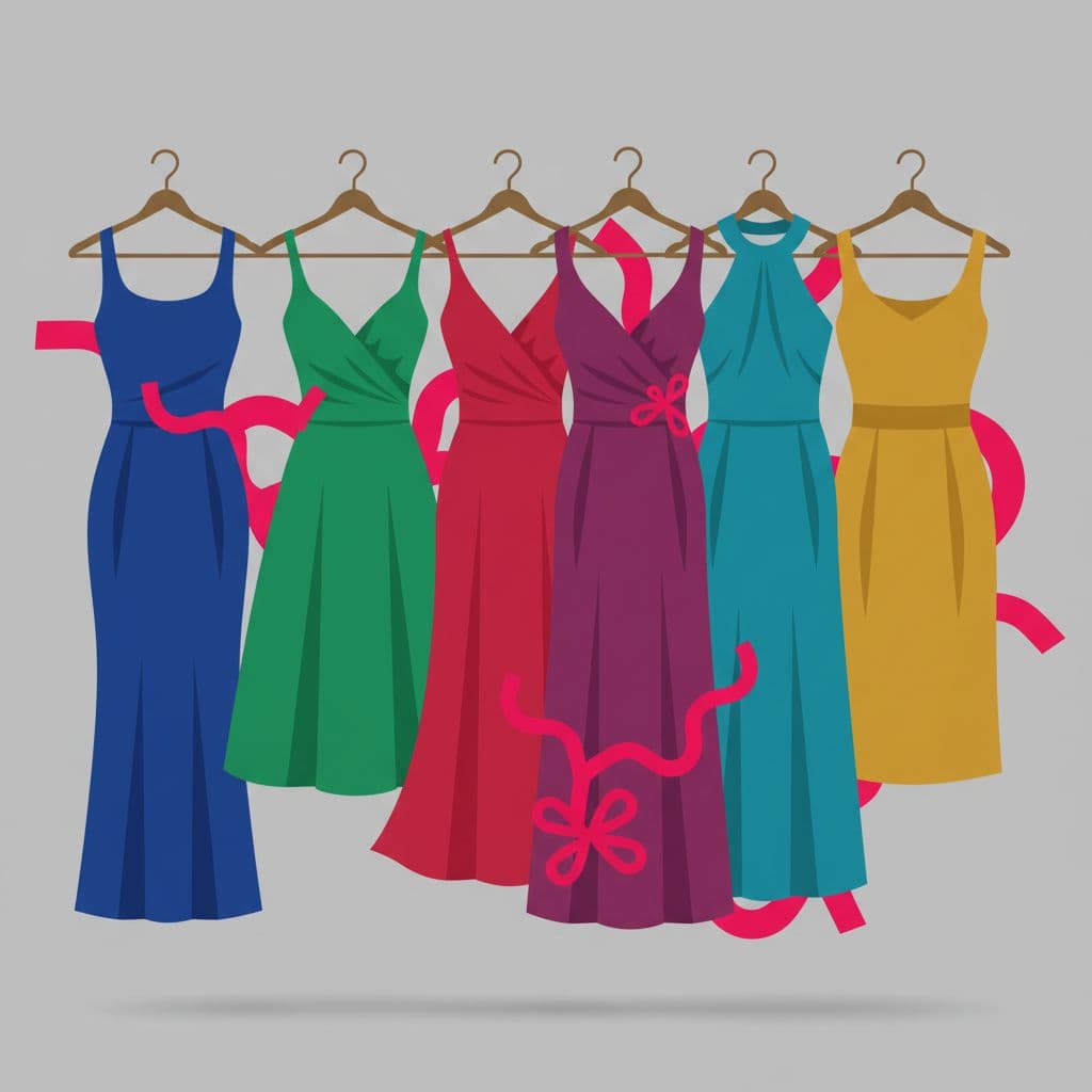 A collection of colorful cocktail dresses in jewel tones hanging against a clean background.