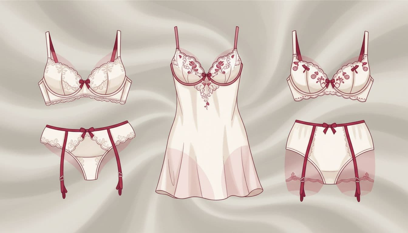 A sleek bridal gown outline stands beside a few lingerie choices arranged by shape and support. Strong pink-red accents mark the areas where fit and support matter most.