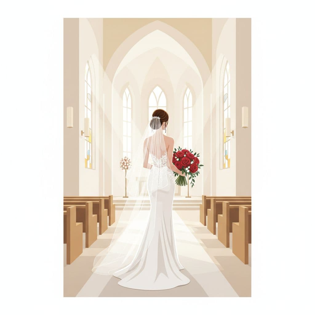 A bride in a detailed lace gown walks toward the altar of a bright, sunlit church. Her vibrant red flower bouquet provides a striking pop of color against the white interior.