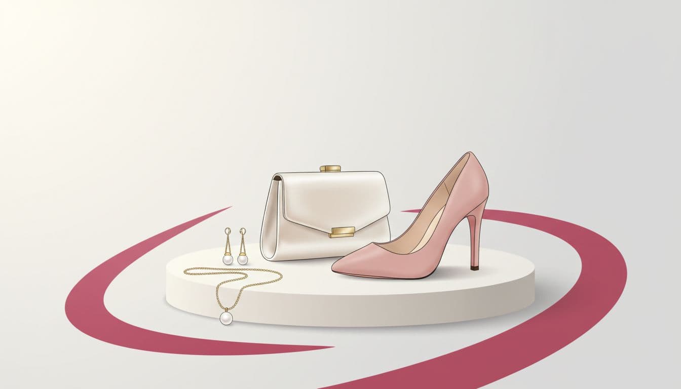 A refined collection of a clutch, delicate jewelry, and classic heels presented against a minimalist background.