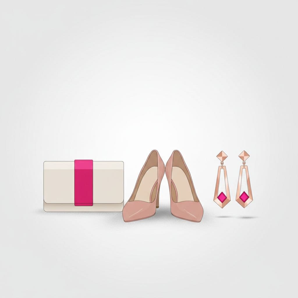 A stylish arrangement featuring classic heels, a minimalist clutch, and bright earrings on a light surface.