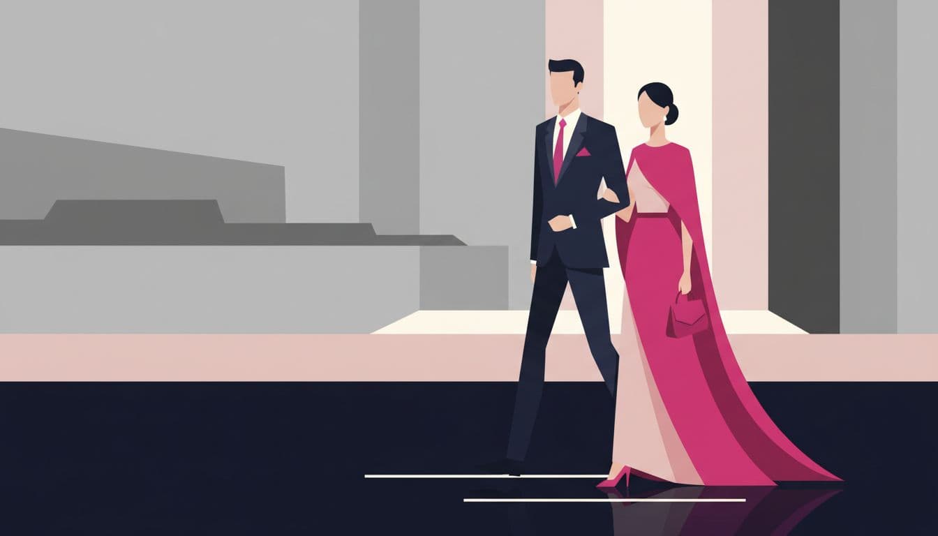 An elegant couple walks toward a formal evening event in a minimalist modern illustration style.