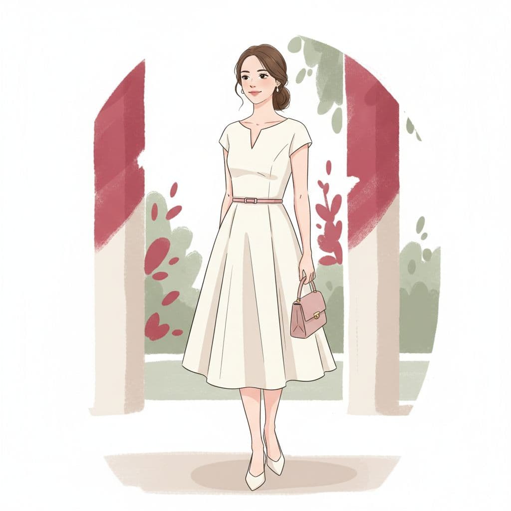 A woman stands in a simple knee-length dress with soft, muted background accents.