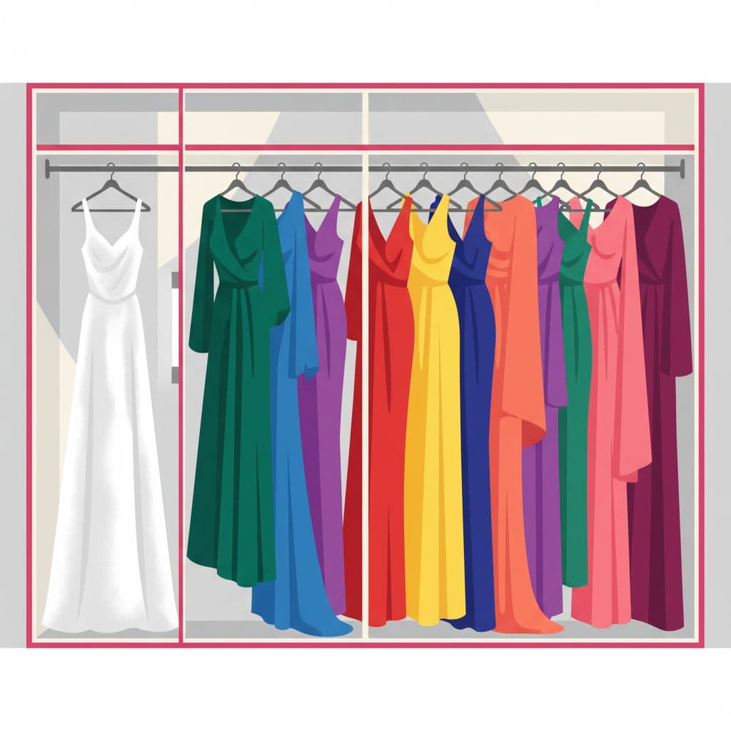 A modern illustration of a walk-in closet displaying various colorful dresses with one white gown set aside.