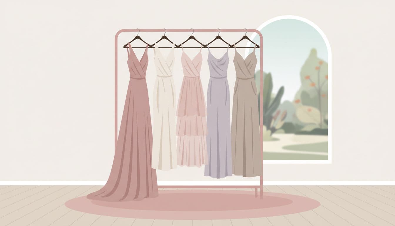 A variety of formal dresses hang on a minimalist rack in a soft-toned interior space.