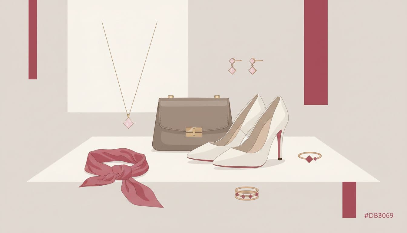 A minimalist arrangement of a clutch bag, delicate jewelry, and heels on a neutral background.