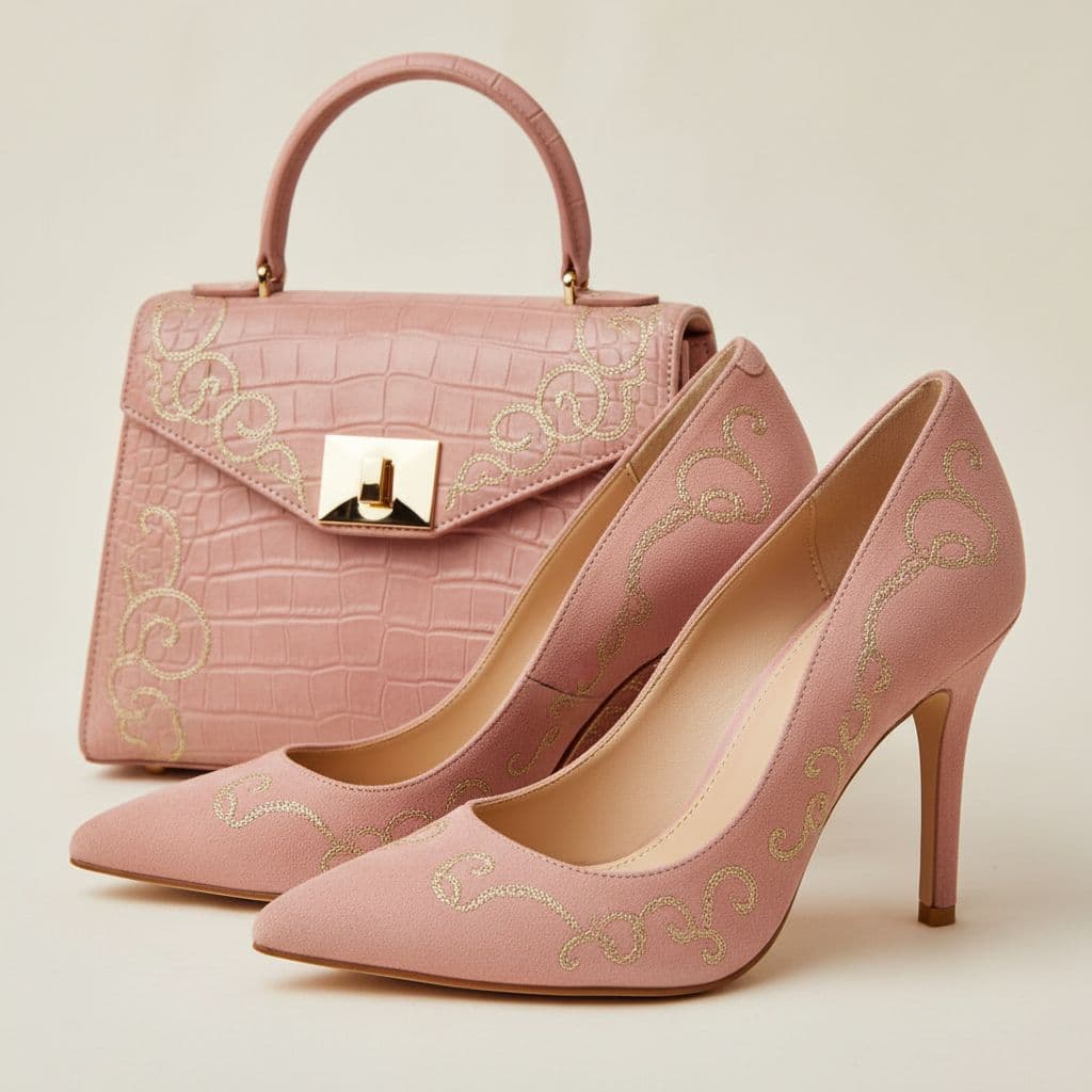 Dettaglio di scarpe décolleté eleganti e una borsa a mano coordinata, stile moda donna raffinato, sfondo neutro, illuminazione soffusa, focus su tessuti e texture, nessun logo o brand.