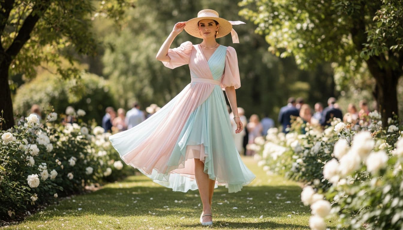 A woman stands outdoors in a refined pastel midi dress during a daytime wedding event.