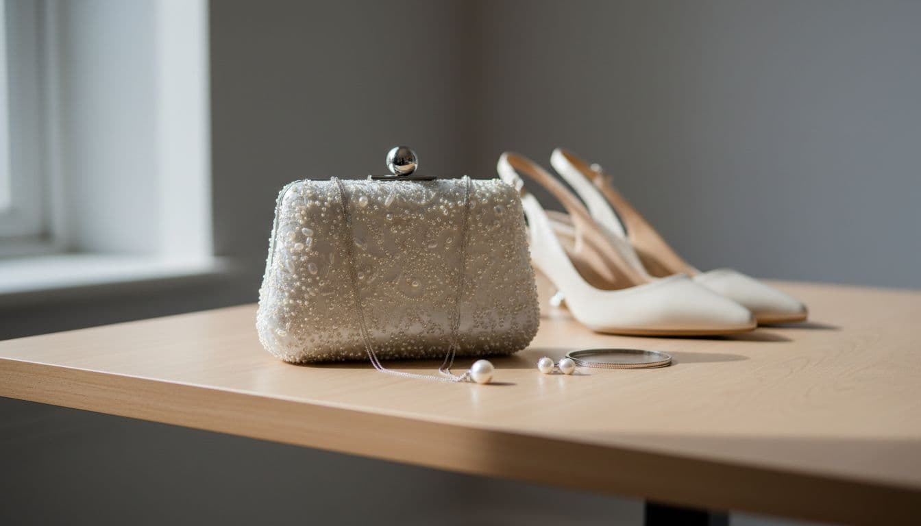 A small clutch and minimalist jewelry arranged on a table in soft natural light.