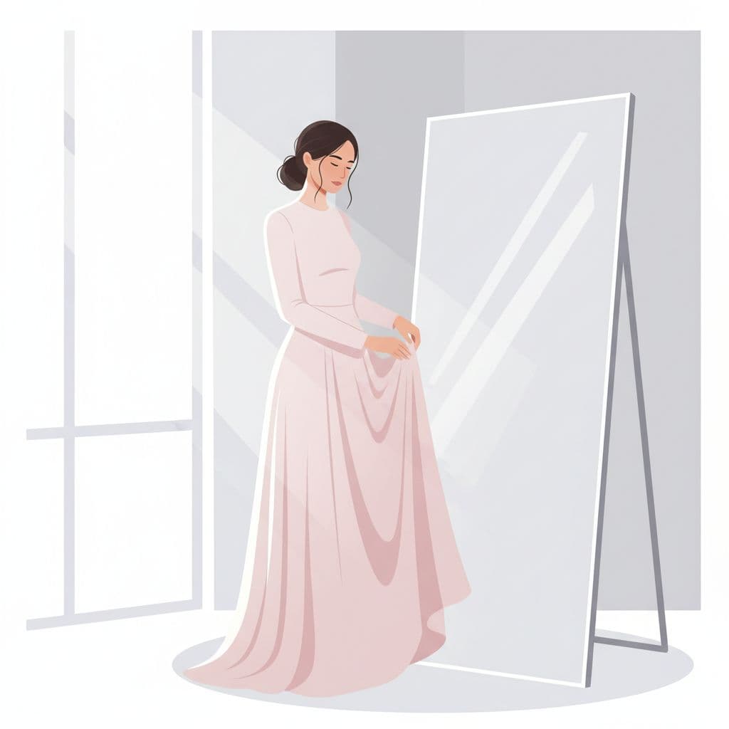 A woman stands before a mirror while gracefully adjusting her dress in a calm, minimalist setting.