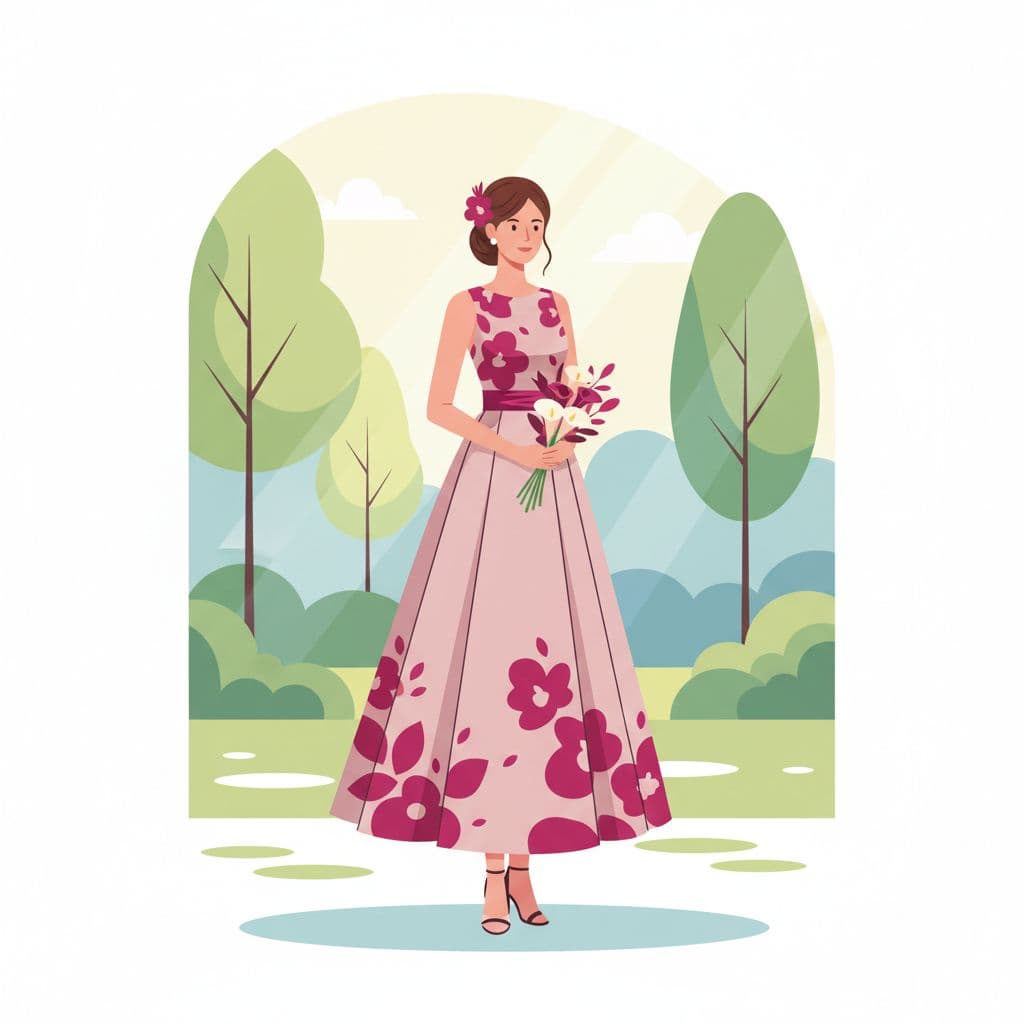 Una donna in abito formale posa in un giardino soleggiato con accenti di colore magenta.