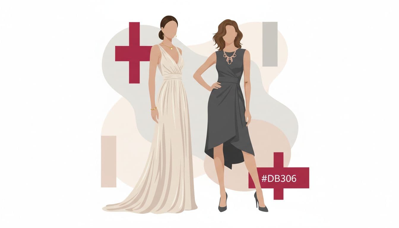 Two women stand side by side wearing an elegant long evening gown and a chic cocktail dress.