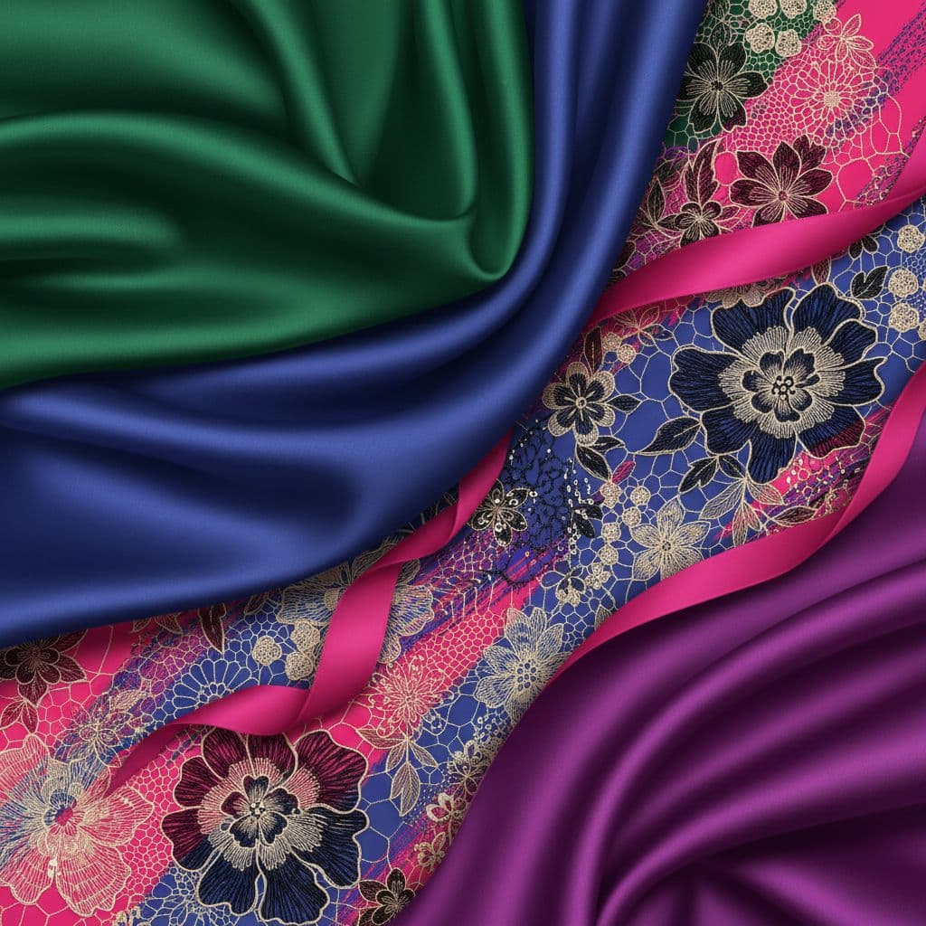 A refined composition displays layered silk and intricate lace fabric textures with vibrant pink accents.