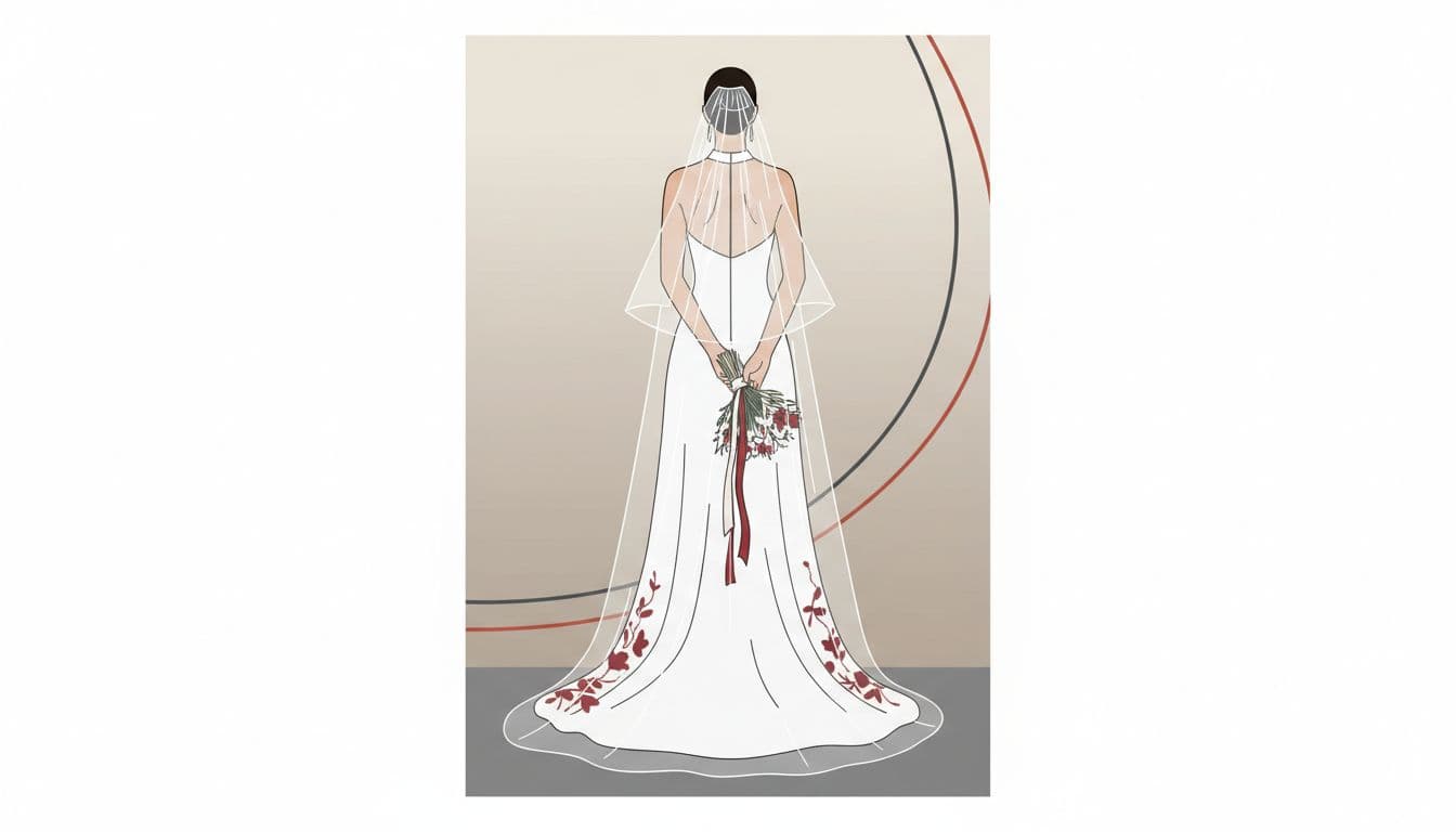 A bride stands facing away from the camera, wearing a sleek, simple gown paired with a long, translucent veil. A bold splash of vibrant red accents the neutral, balanced graphic background.