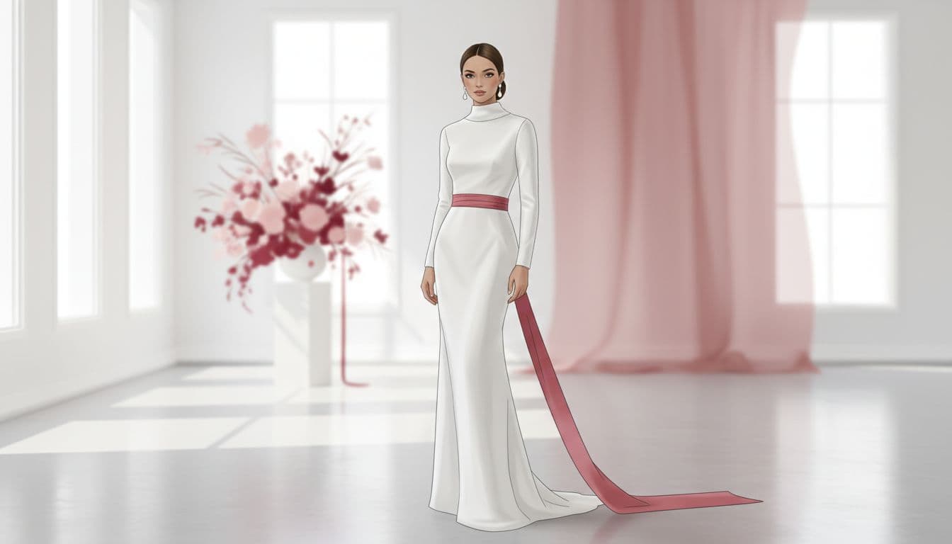 A stylish bride wearing an elegant, simple dress stands in a brightly lit, minimalist room with soft-focus details.