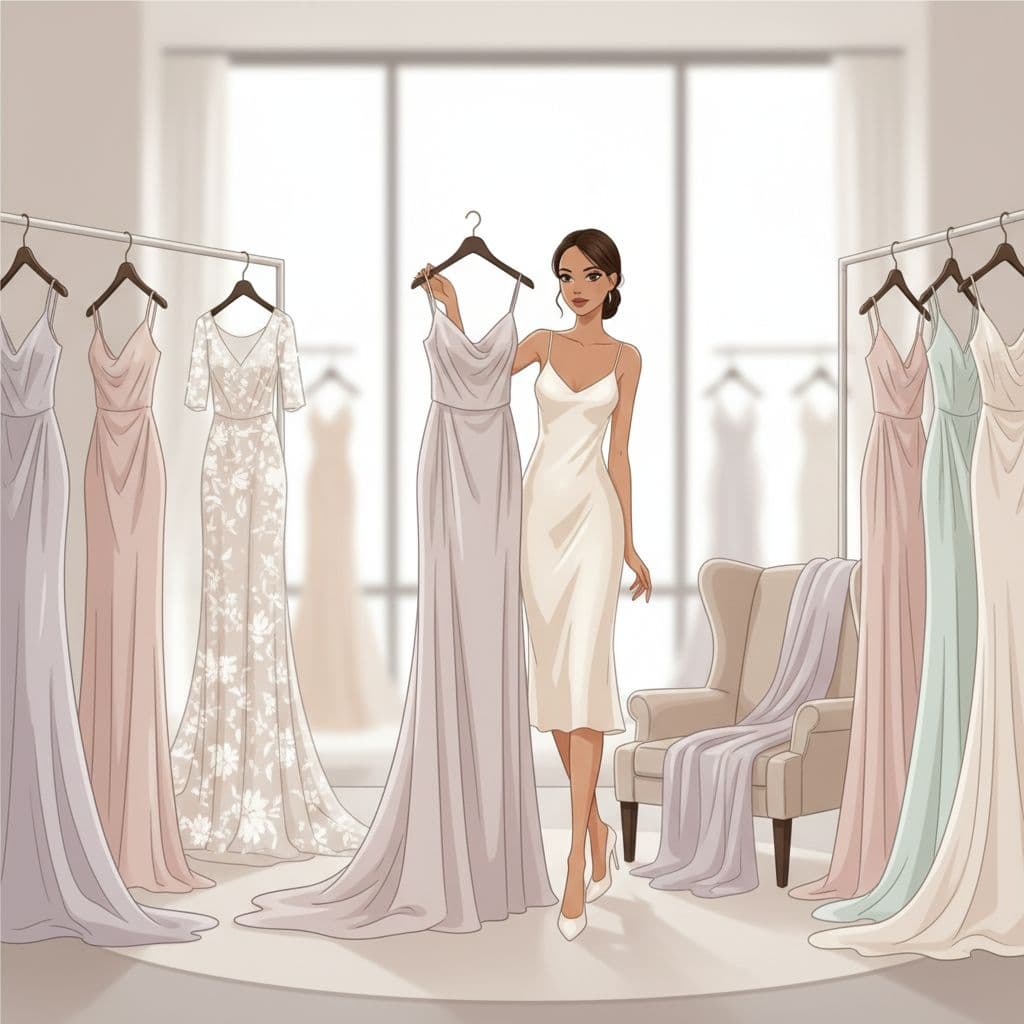 A stylish woman considers different dress options featuring neutral and pastel fabrics for a wedding ceremony.