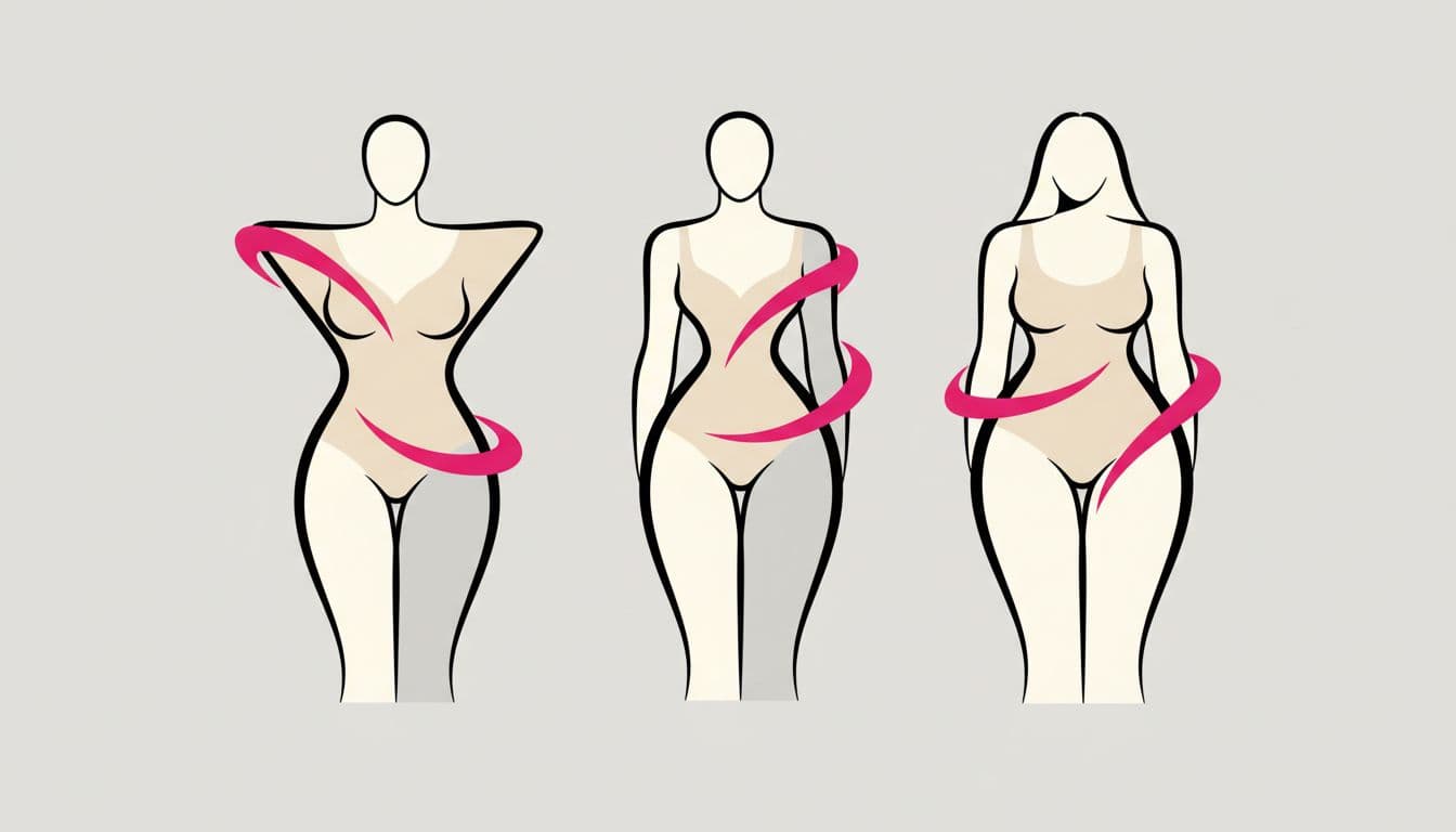 Three minimalist female silhouettes with distinct body types illustrated with clean lines and pink accents.
