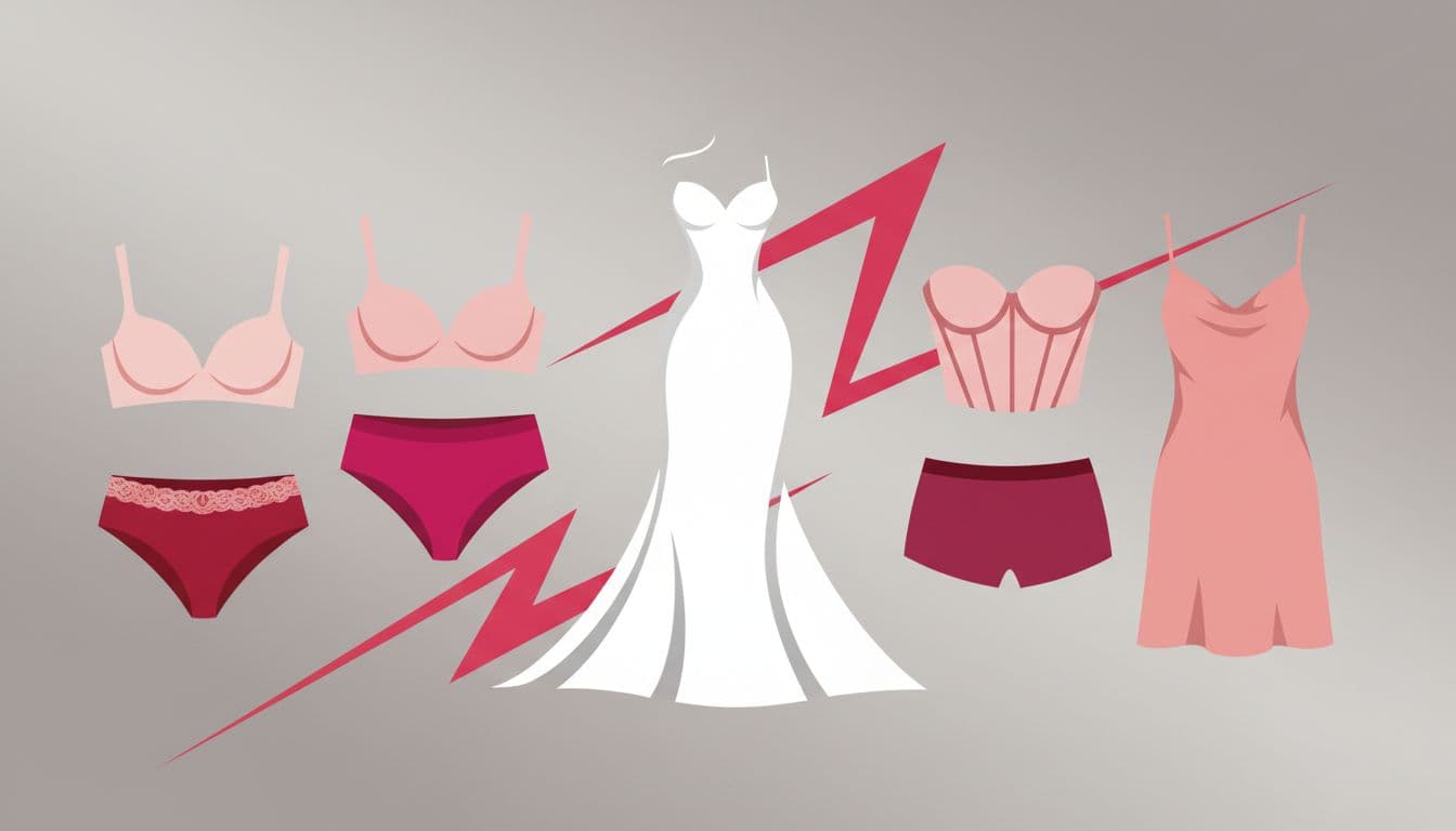 A minimalist graphic display shows a white bridal gown silhouette paired with various intimate apparel options. Vibrant pink and red geometric accents highlight key areas for choosing the perfect undergarment fit.