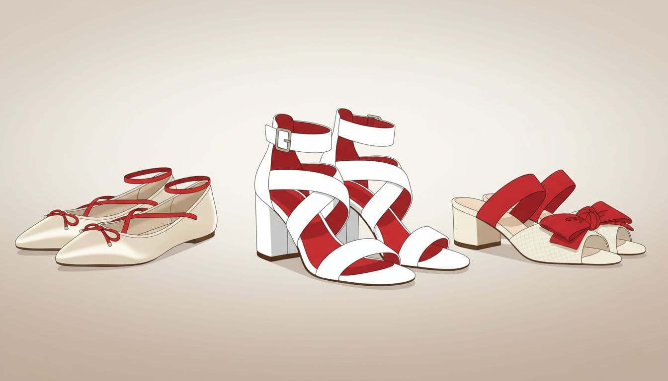 Three distinct styles of elegant wedding shoes, including sturdy block heels and comfortable flats, are arranged neatly. Each pair features striking red straps against a minimalist and soft neutral backdrop.