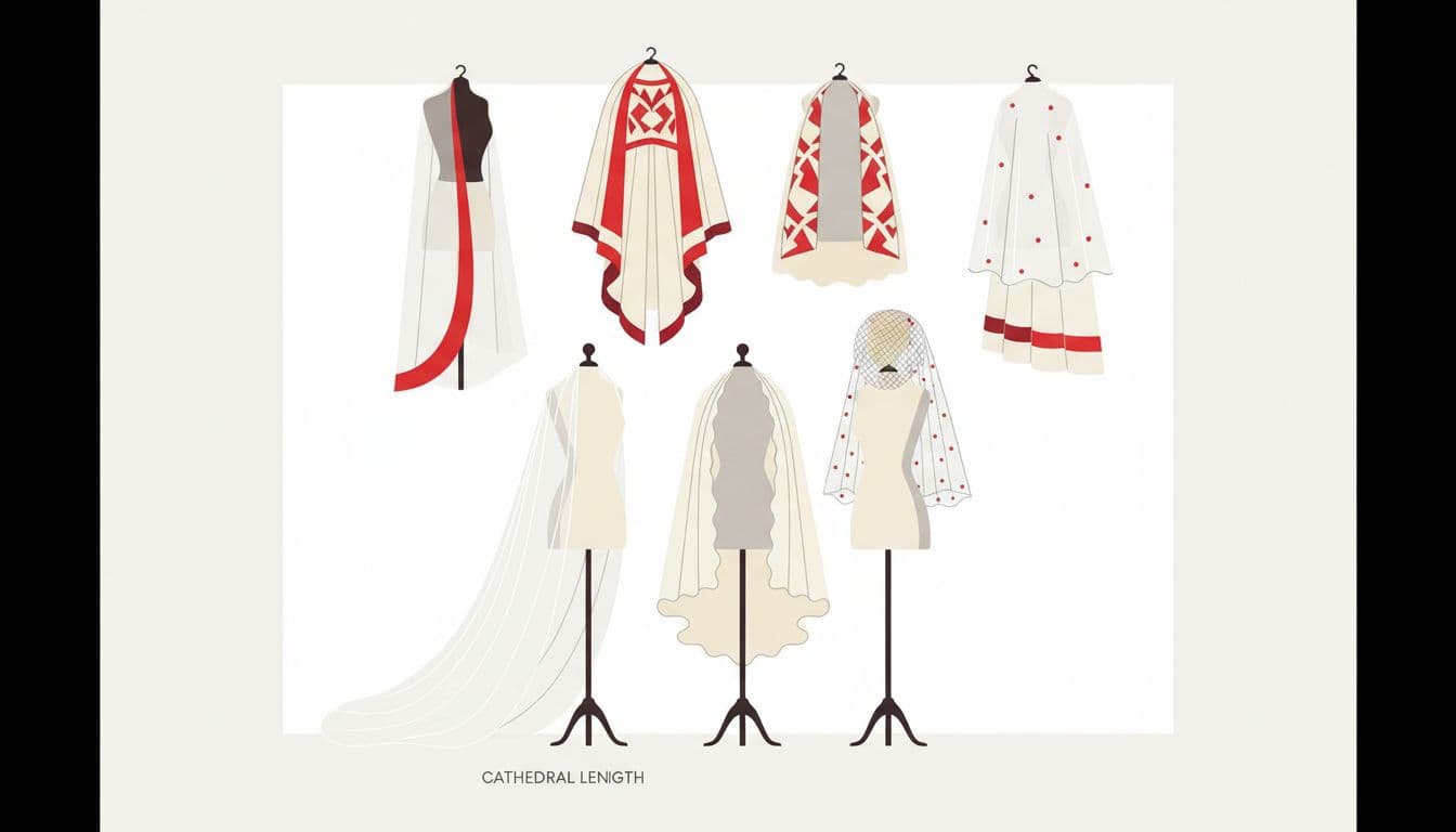 Various wedding veils drape elegantly over minimalist mannequin torsos and slender wall mounts. The clean composition highlights lace textures and sheer fabrics against a muted background with striking red accent touches.