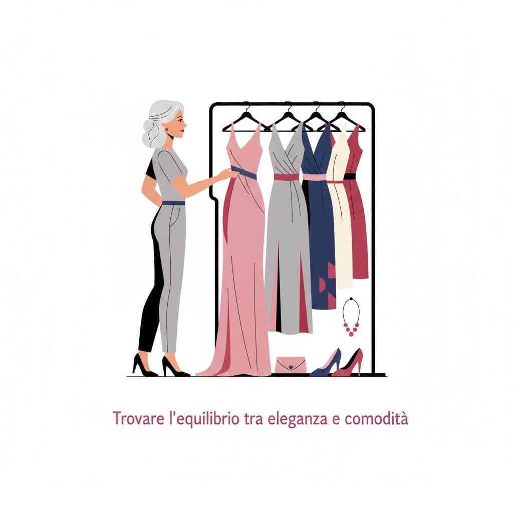 A woman stands before a rack of clothing, thoughtfully selecting an elegant dress in a minimalist illustration.