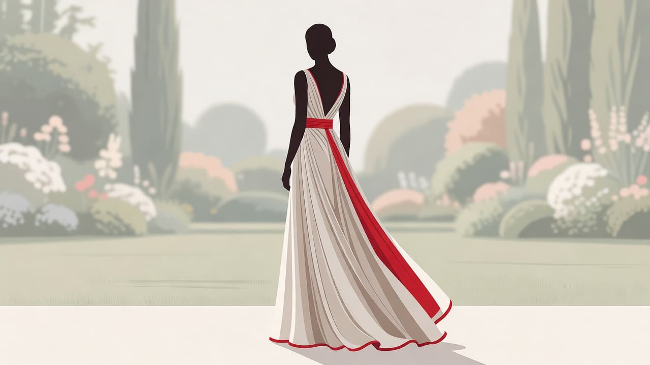 Una silhouette femminile indossa un sofisticato abito da cerimonia con drappeggi fluidi e dettagli in rosso acceso. Il design minimalista risalta su uno sfondo neutro che suggerisce un giardino raffinato e moderno.