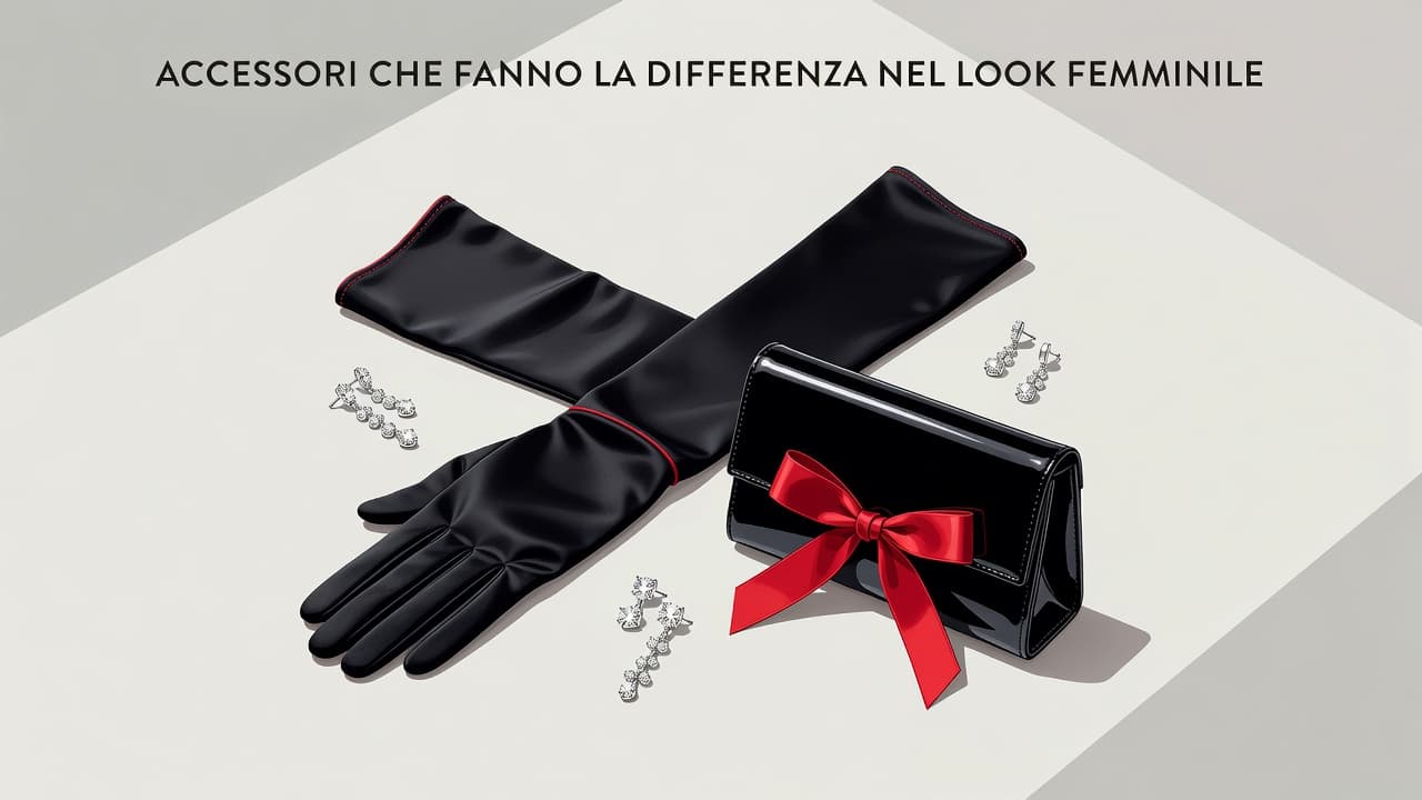 Un set di raffinati accessori da sera include guanti lunghi, una pochette rigida e orecchini preziosi. Gli elementi presentano dettagli rosso acceso disposti armoniosamente su uno sfondo neutro e pulito.