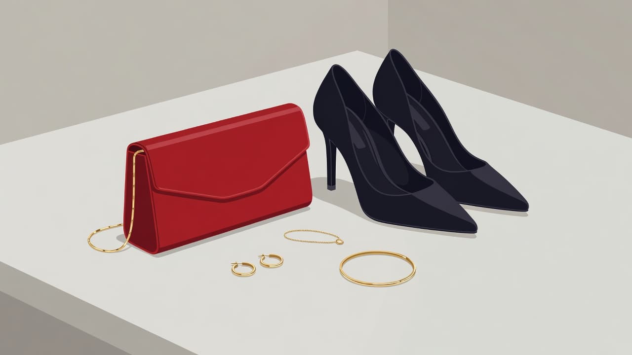 Una pochette delicata e tacchi a spillo sono affiancati da gioielli minimalisti in oro su una superficie pulita. Il rosso acceso degli accessori dona un tocco di colore vibrante all'insieme coordinato.