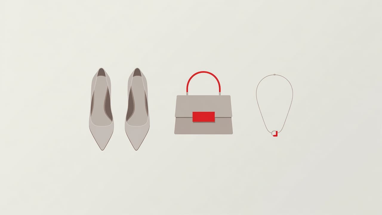Un paio di décolleté raffinate, una piccola borsa strutturata e un gioiello minimalista poggiano su una superficie neutra. Il contrasto cromatico è definito da toni delicati interrotti da accenti rosso intenso.