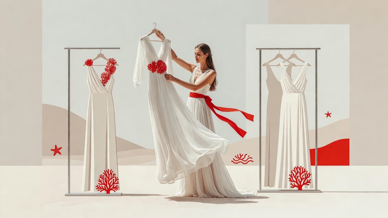 A stylish bride stands in a minimalist boutique examining a flowy, lightweight gown. She is surrounded by clean geometric forms and sharp silhouettes against a soft, neutral, airy background.
