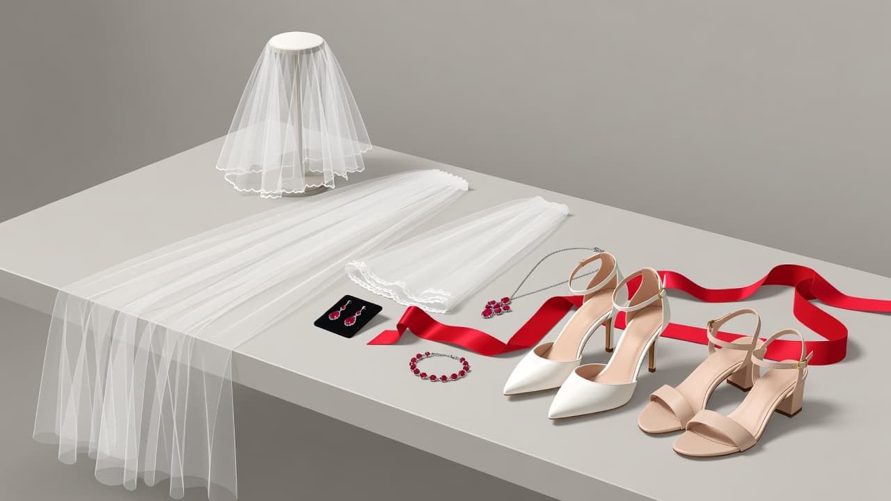 An assortment of elegant bridal veils, shimmering jewelry, and classic white heels rests on a neutral surface. A single vibrant red ribbon weaves through the items to provide a bold accent.