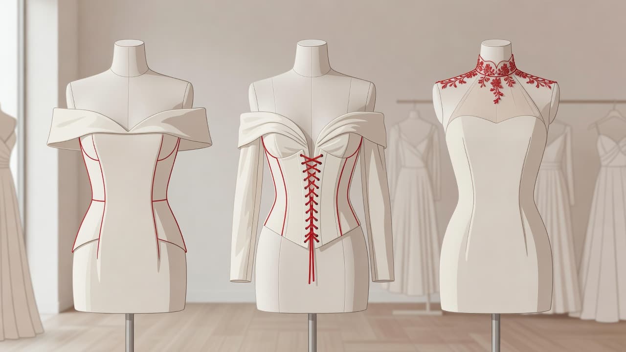 Three tailor mannequins stand in a row, each displaying a unique bridal bodice design with distinct necklines. Soft neutral tones contrast with elegant, vibrant red fabric accents on each garment.
