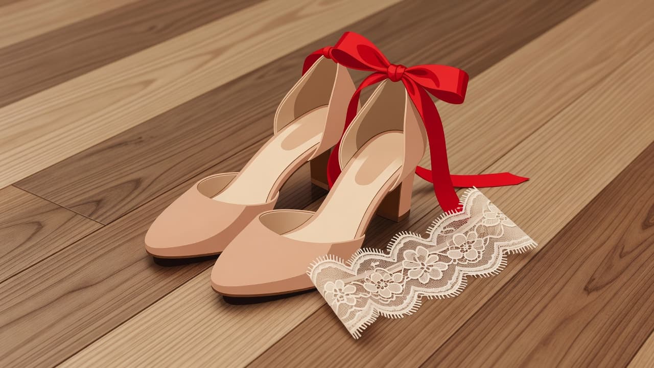 A pair of sleek nude heels rests beside a detailed lace bridal accessory on a polished wooden floor. The composition features clean modern lines and a bold, saturated red accent piece.