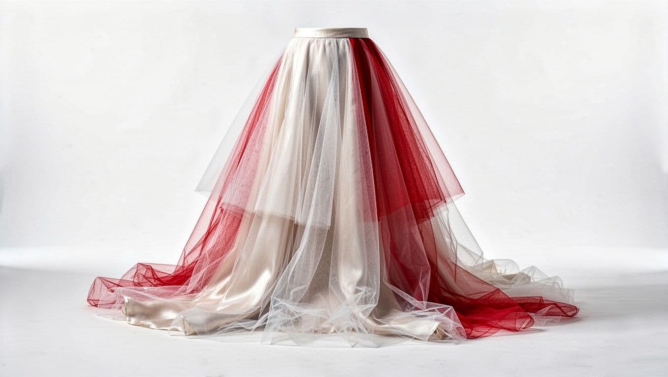 Close-up artistic view of bridal skirt layers featuring overlapping tulle and silk fabrics. Sharp red accents contrast against the crisp white background, highlighting the elegant volume and clean, minimal design structure.