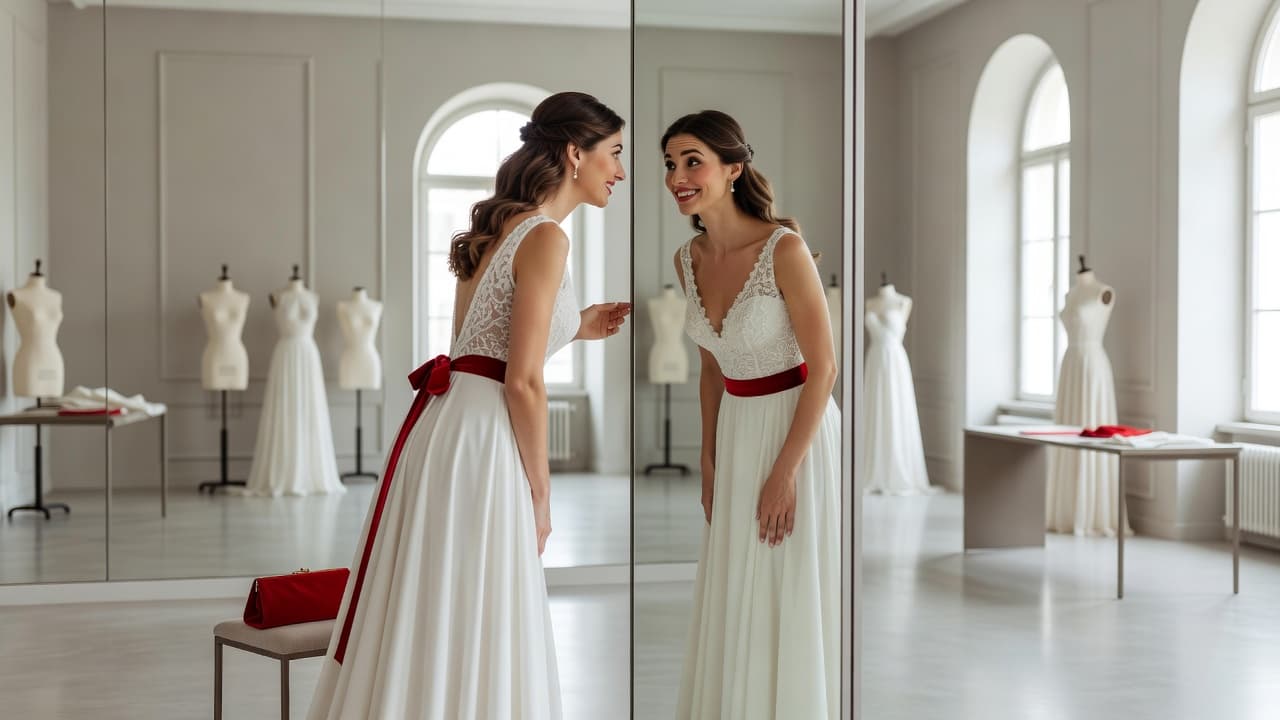 A woman in a bridal atelier admires her reflection while wearing a gown. Sunlight floods the elegant space, highlighting the clean lines of the dress and a bold red accent accessory.