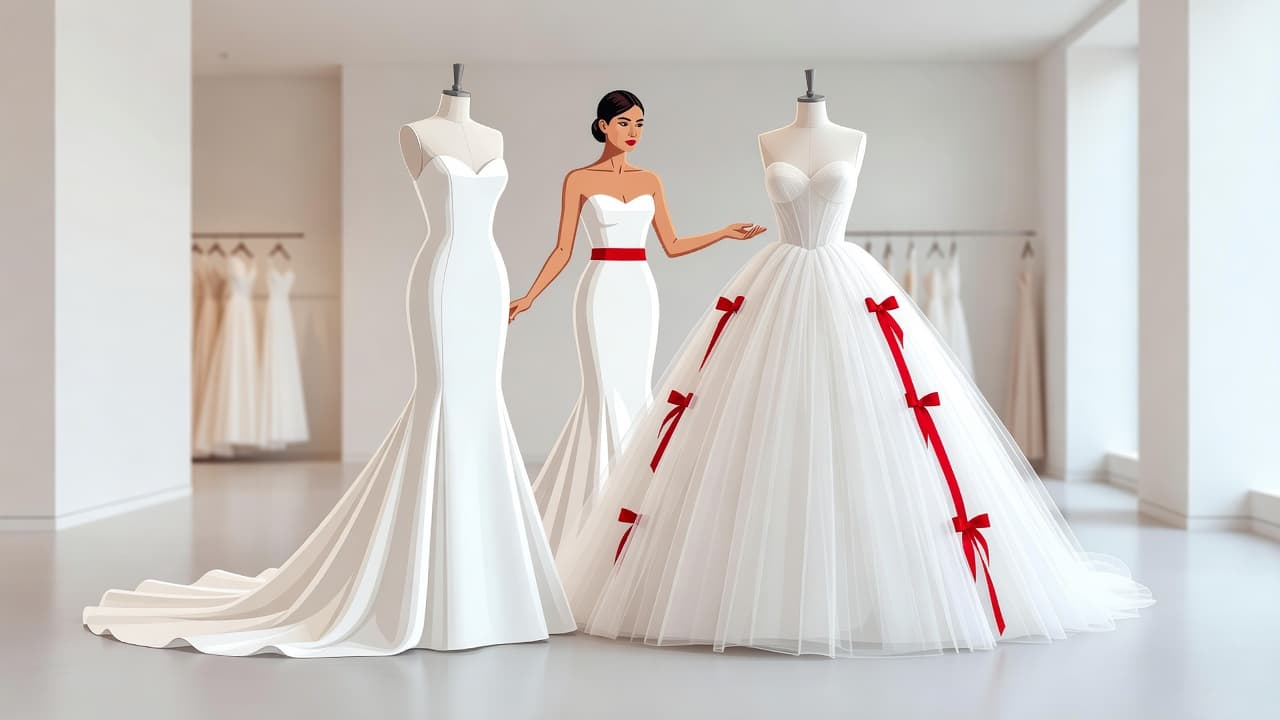 A bride stands in a bright boutique evaluating two distinct wedding gowns. She compares a sleek fitted mermaid silhouette against a voluminous princess dress, highlighted by a striking saturated red ribbon.