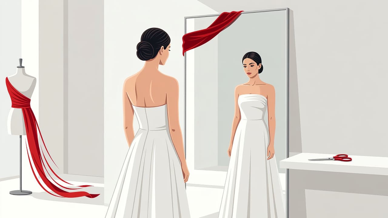 A bride stands before a large mirror wearing a sleek wedding gown. She features a sophisticated low chignon hairstyle, accented by vibrant red details set against a minimalist, bright studio background.