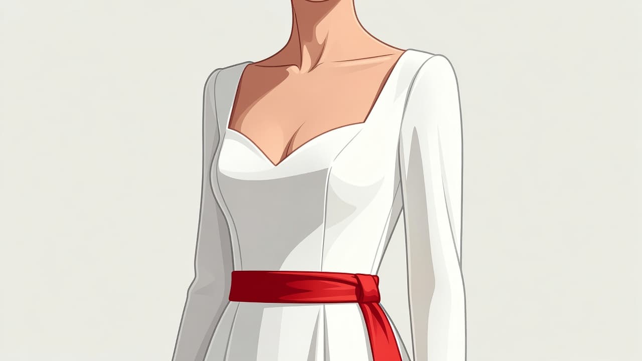 A graceful bride wears a white wedding dress featuring a refined sweetheart neckline. The clean illustration style emphasizes the structured bodice against a soft, minimal backdrop with vibrant red floral accents.