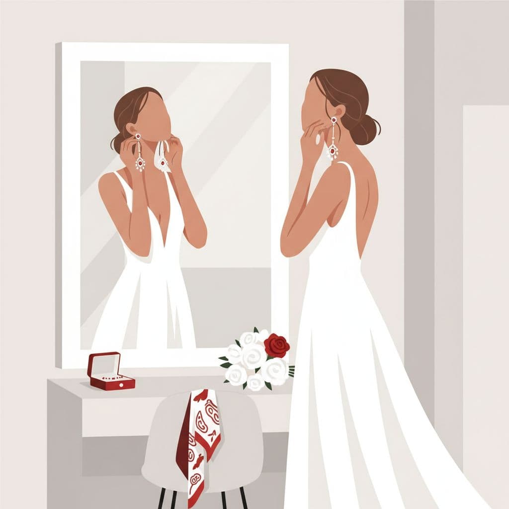 A woman in a minimalist white wedding gown examines her reflection in a mirror. She wears sophisticated dangling earrings, accented by vivid red details that contrast against the clean white illustration style.
