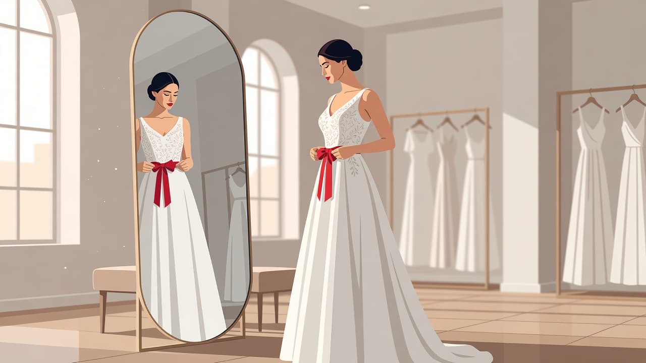 A bride examines her intricate lace corset while standing before a large mirror in a bright studio. A striking red floral accent on her dress provides a bold contrast to the room.