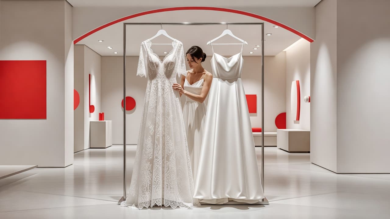 A bride stands in a bright boutique evaluating two wedding gowns hanging on a rack. One dress features intricate lace detailing while the other displays a minimalist, elegant smooth satin finish.
