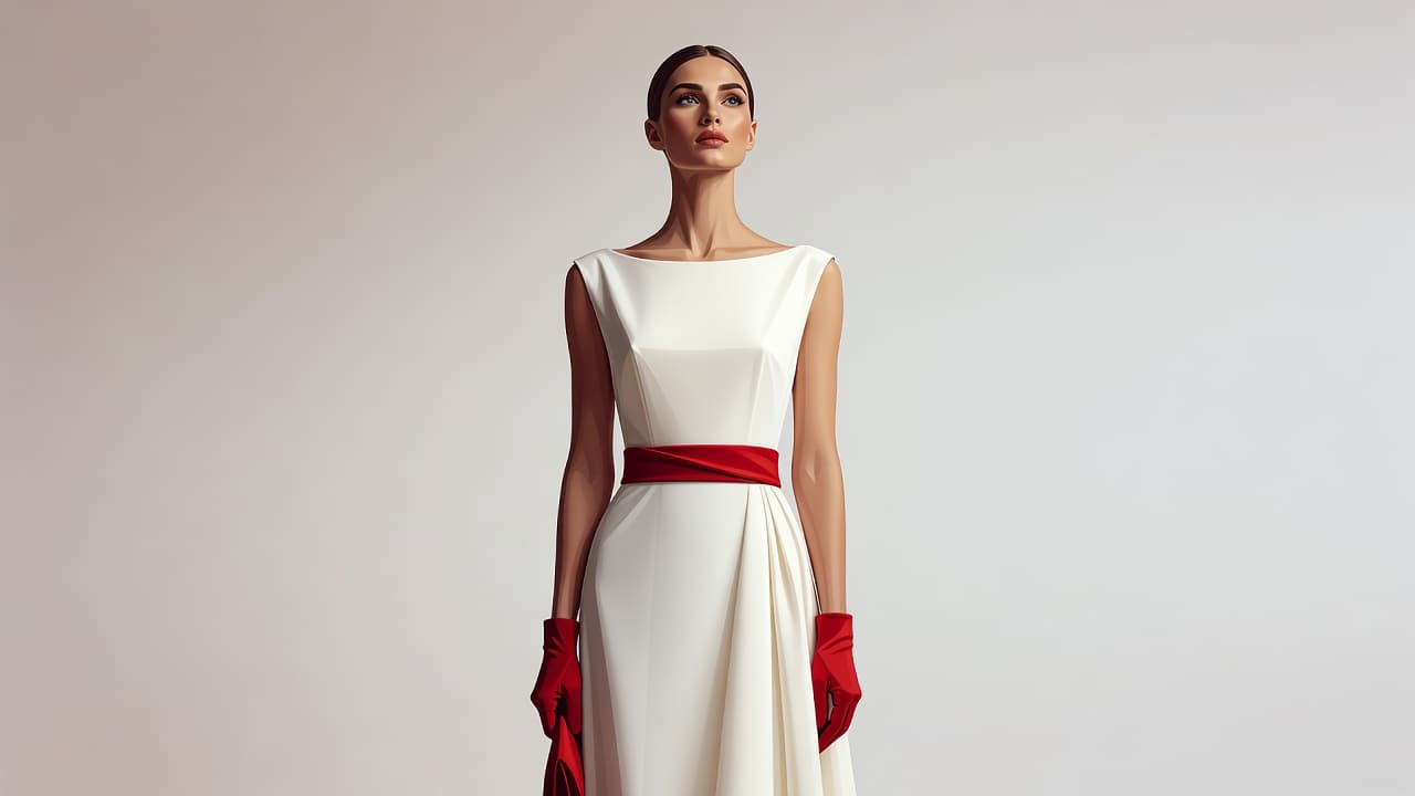 A stylish illustration of a bride wearing a crisp white gown with a boat neckline. Her silhouette is accented by a vibrant red floral element against a soft, clean minimalist backdrop.