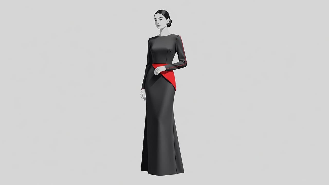 Una figura femminile indossa un lungo vestito minimalista dai toni sobri. L'illustrazione pulita presenta un taglio sartoriale moderno, arricchito da dettagli geometrici rosso acceso posizionati strategicamente su uno sfondo neutro e luminoso.