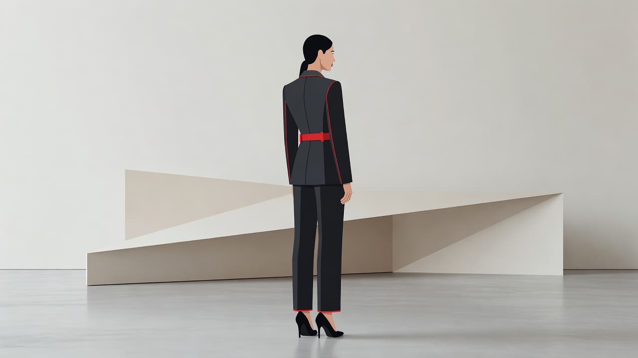 Una figura femminile di profilo indossa un raffinato tailleur moderno all'interno di un ambiente architettonico minimalista. Il design integra forme geometriche pulite con dettagli in rosso intenso che risaltano sullo sfondo neutro.