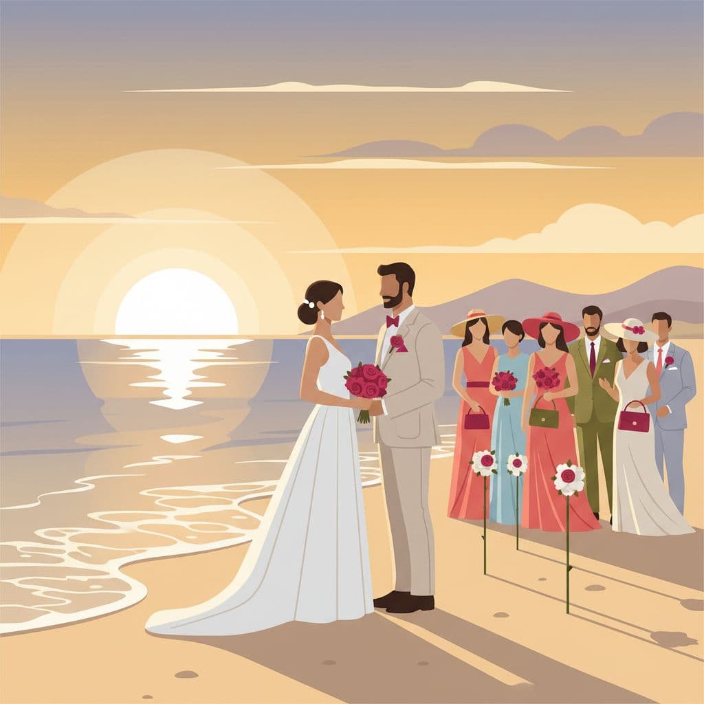A couple exchanges vows on the sandy shore as a vivid red sunset illuminates the horizon. Elegant guests in summer clothing stand nearby, enjoying the serene atmosphere of this coastal celebration.
