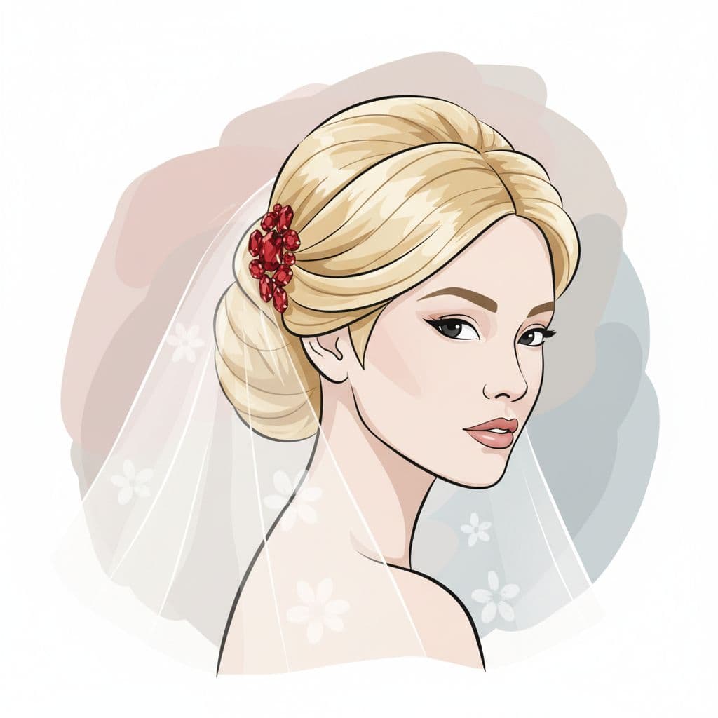 A stylish bride features an intricate updo hairstyle adorned with a vibrant red jeweled hair clip. The modern illustration showcases clean lines and artistic floral details centered on her bridal headpiece.
