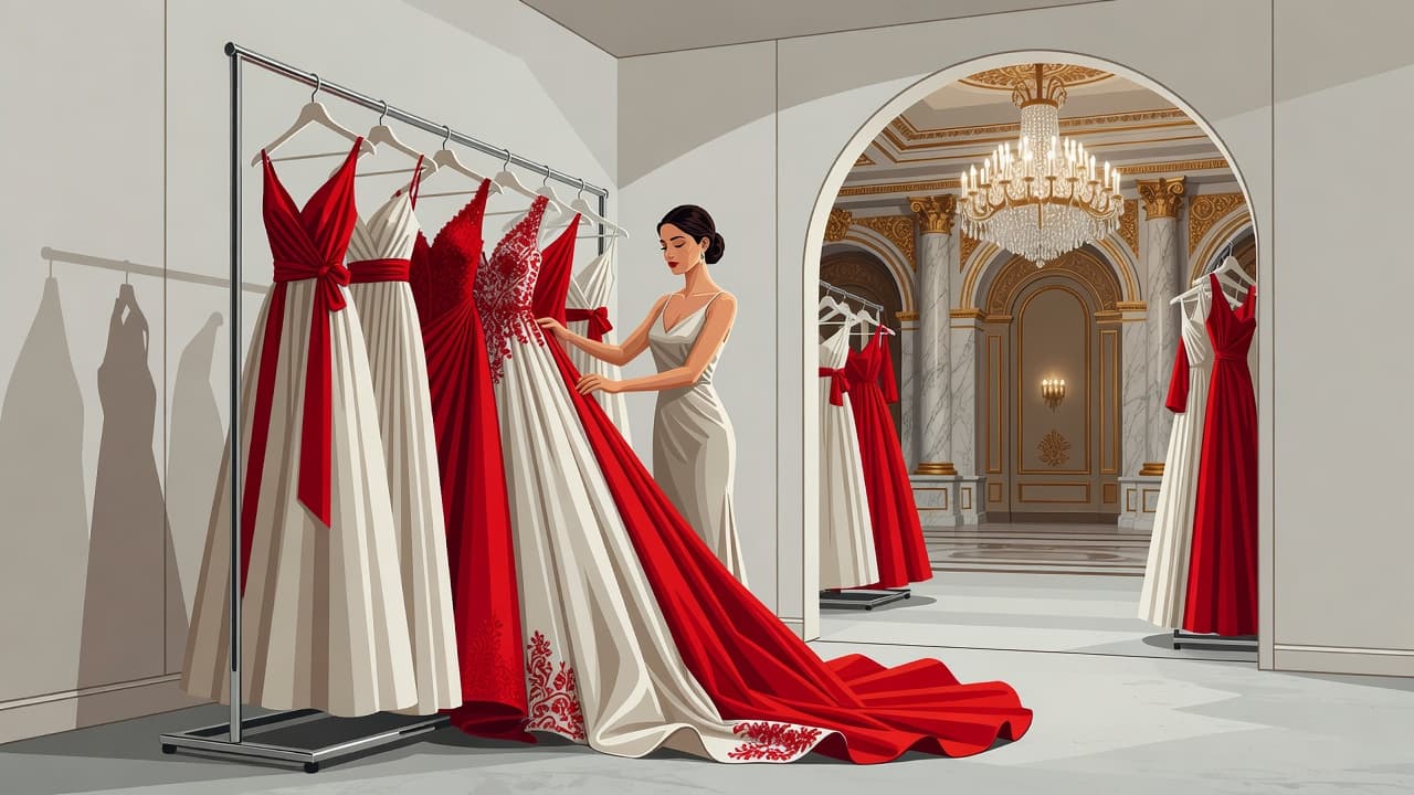 A stylish bride stands before a rack of voluminous dresses, pointing at a grand gown. Rich crimson accents highlight the minimalist interior, creating a sharp contrast against the soft neutral walls.